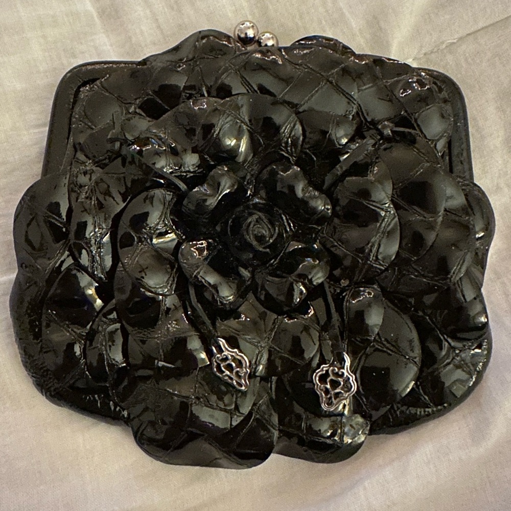 Brighton Black Patent Leather Mini Kisslock Flower Coin Purse